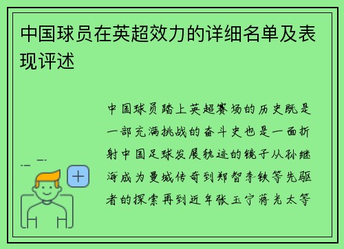中国球员在英超效力的详细名单及表现评述