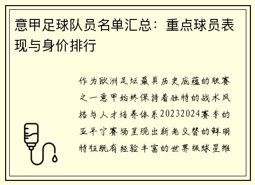 意甲足球队员名单汇总：重点球员表现与身价排行